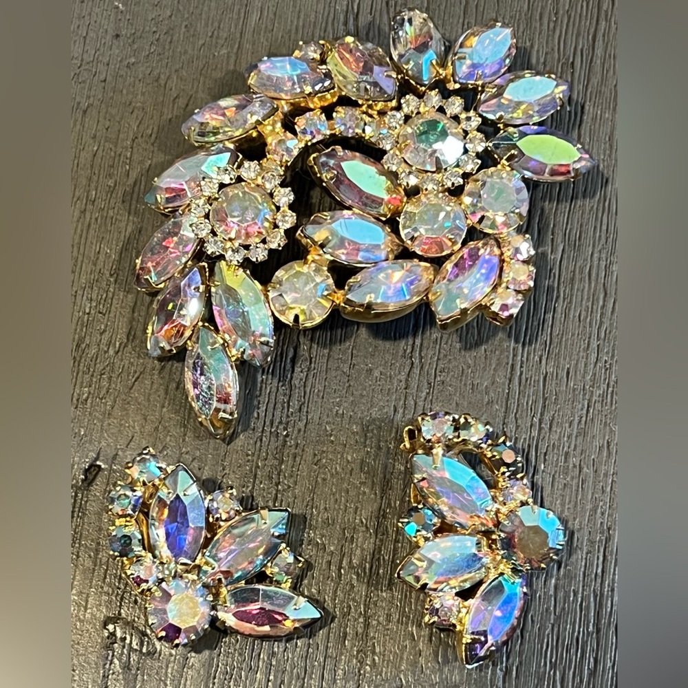 Vintage Austrian Crystal Aurora Borealis Iridescent Brooch and Clip Earrings Set